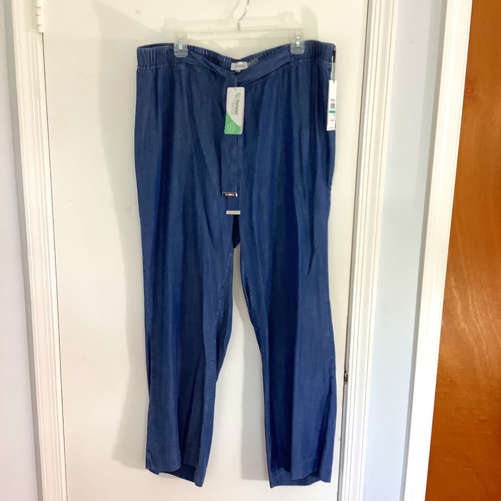 NWT CALVIN KLEIN WOMAN OX TENCEL MODERN ESSENTIALS INDIGO PANTS STRETCH TIE WA…